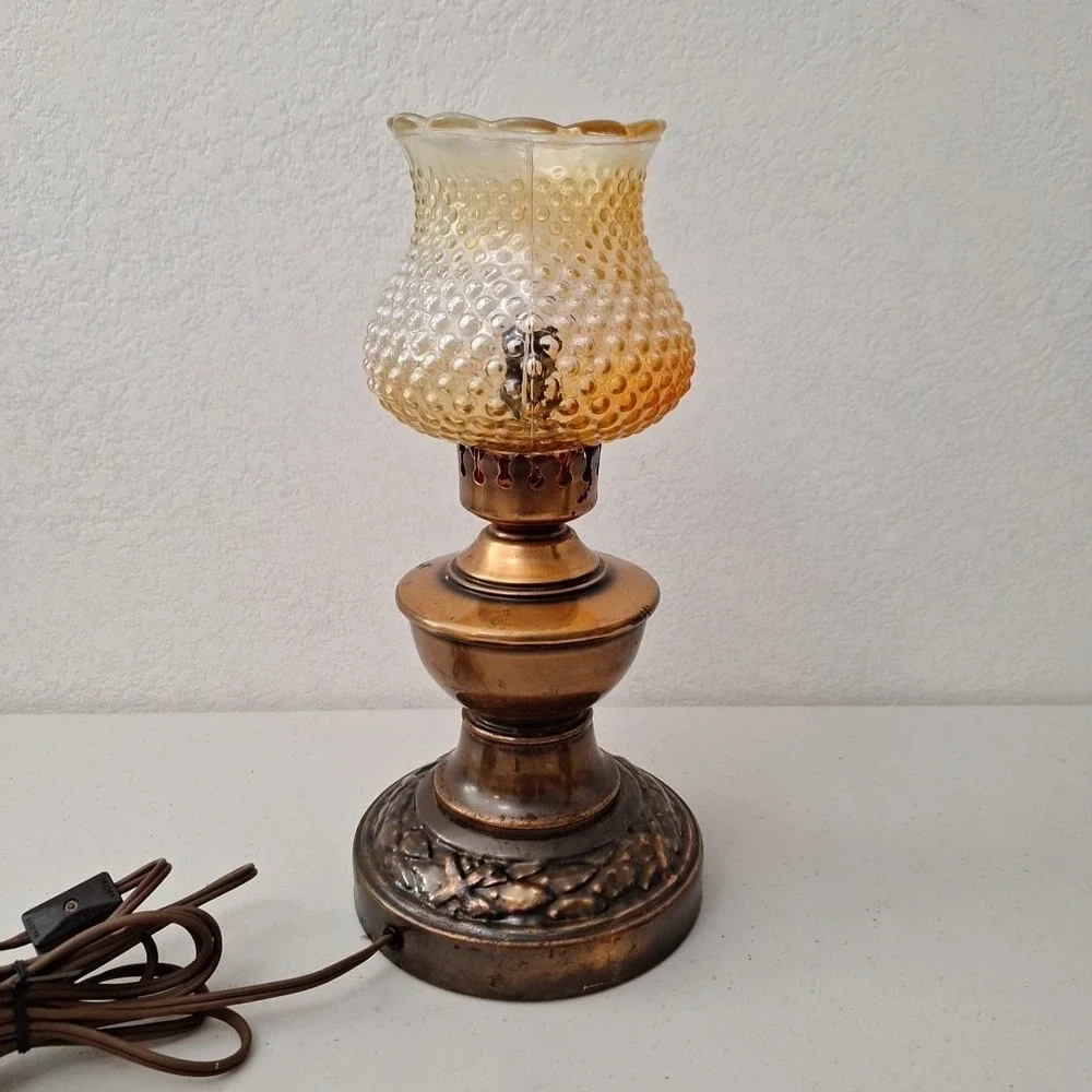 Victorian Style Vintage Table Hurricane Lamp COPPER BASE & AMBER HOBNAIL SHADE